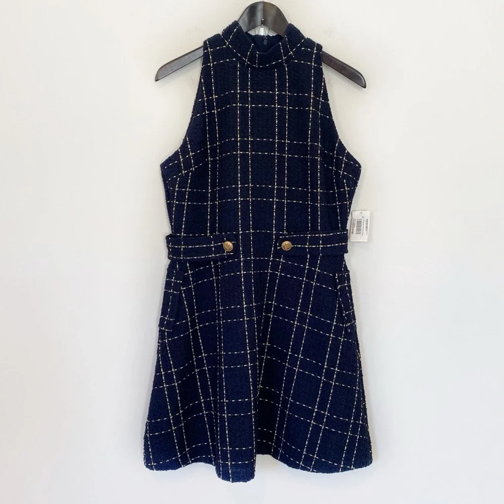 NWT Alexia Admor Avery Plaid Tweed Fit & Flare Dress Navy White Gold size Large - Picture 5 of 10